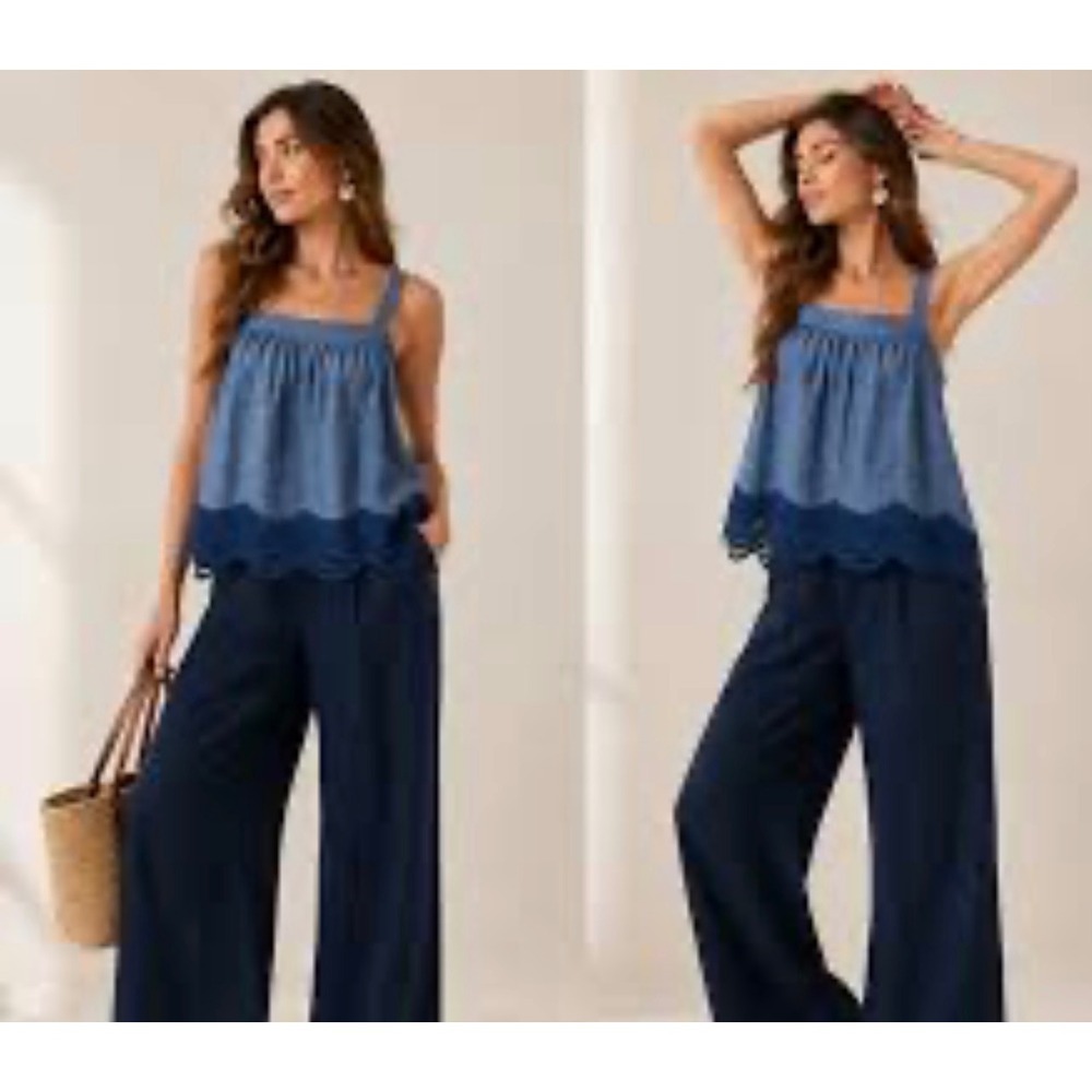 Parker Blue Chambray Crochet Lace Trim Cold Shoulder Camisole Top Large NWOT